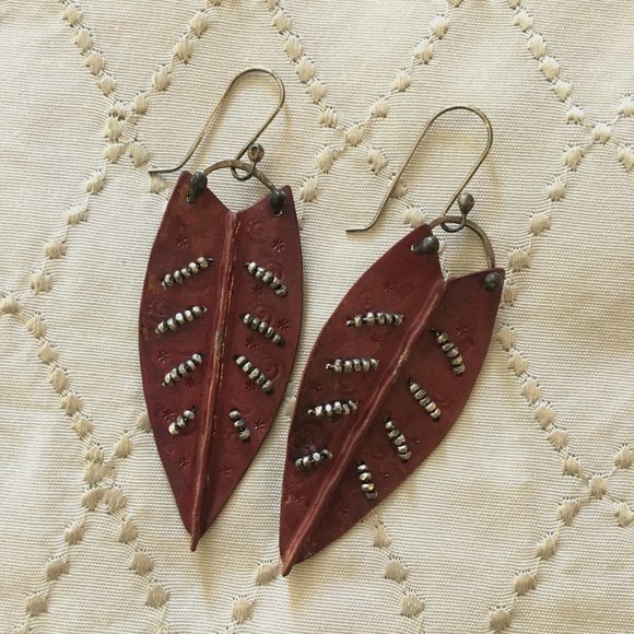 Large Dangly Artisan Rust + Silver Copper Metalwork Beaded Leaf Earrings - Picture 8 of 8